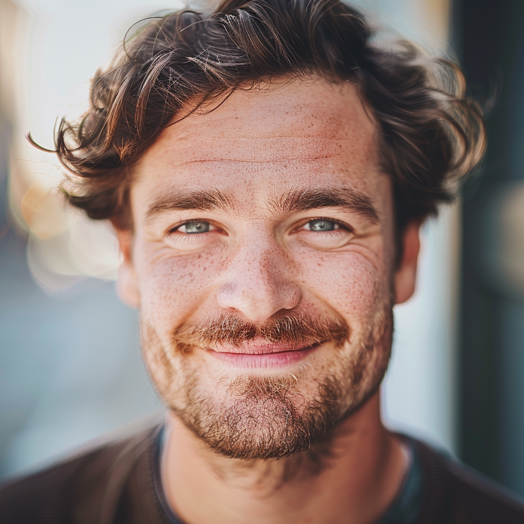 Homme souriant avec une barbe et des cheveux bouclés.