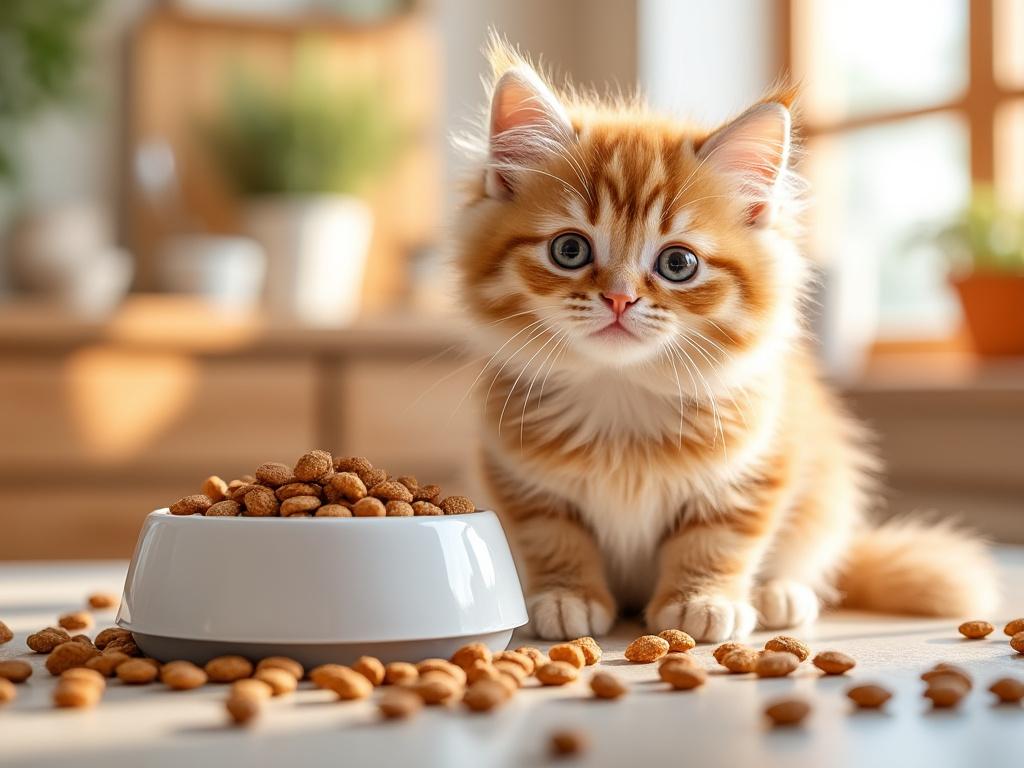 Chaton roux avec croquettes sur la table.