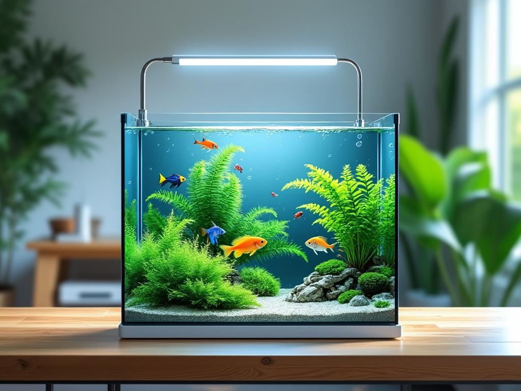 Aquarium avec poissons colorés et plantes vertes.