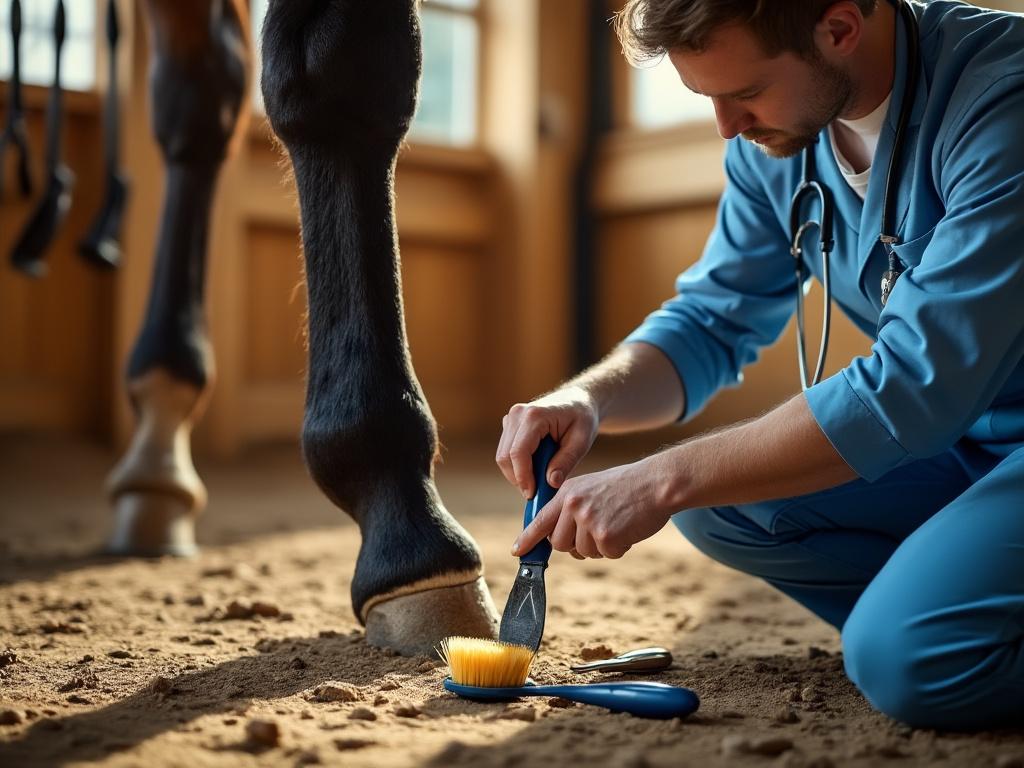 Vétérinaire nettoyant sabot de cheval avec outils.