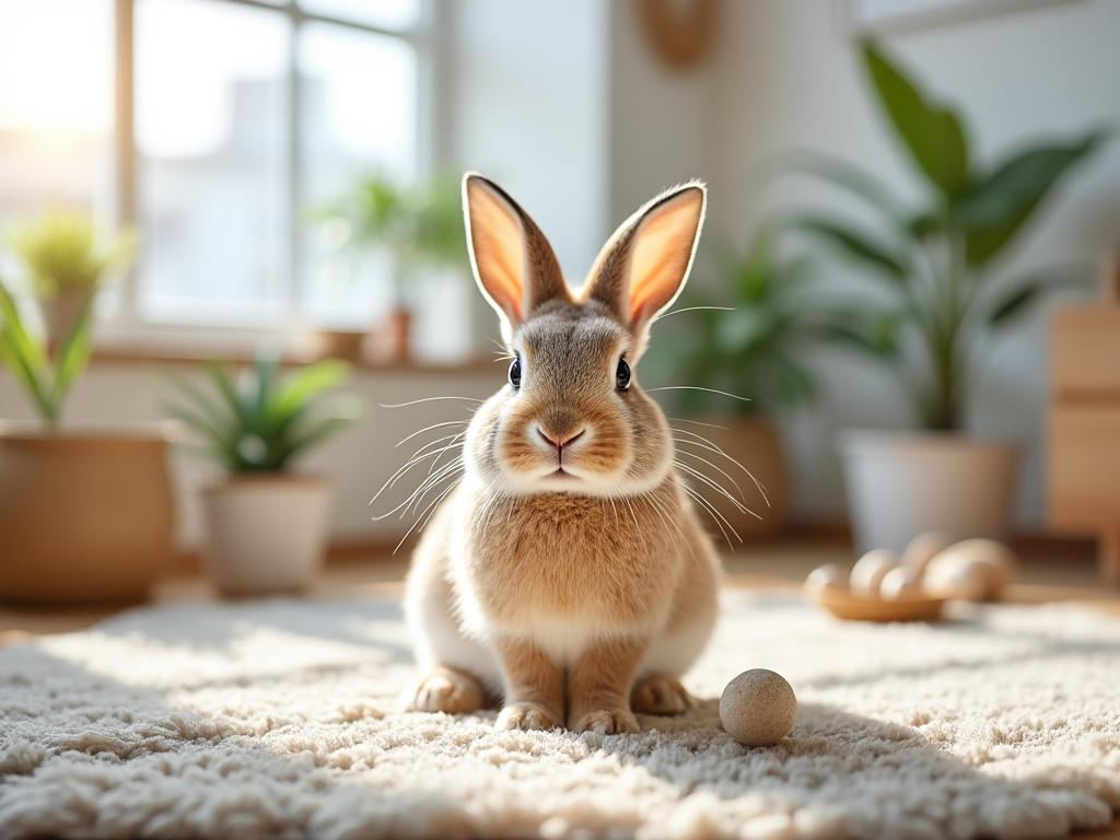 Lapin mignon sur tapis, plantes en arrière-plan.