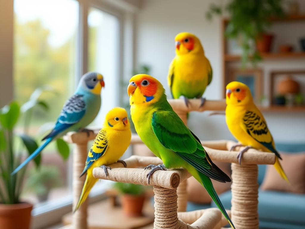 Perroquets colorés perchés dans un salon lumineux.